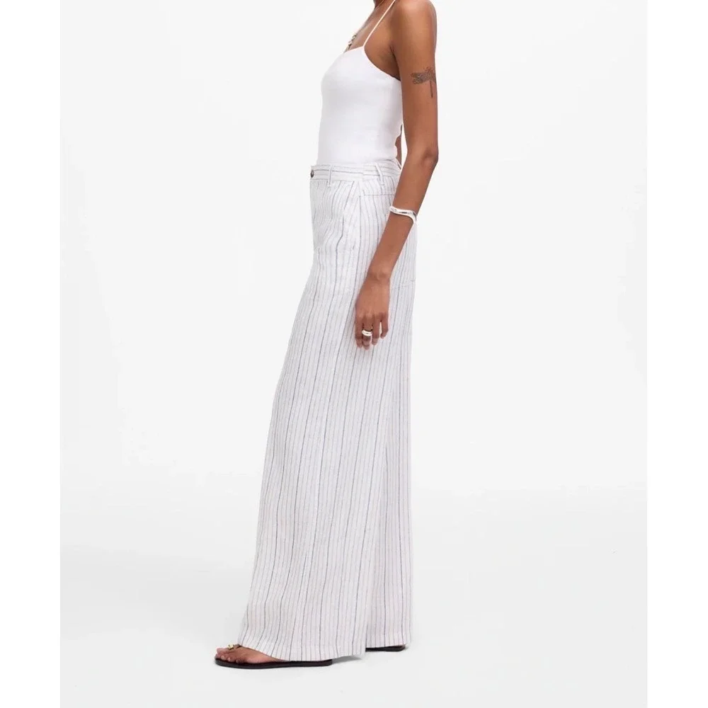 Madewell The Zoe Relaxed Wide Pant 100% Linen Striped White Blue size 6 NV159 - Picture 3 of 13